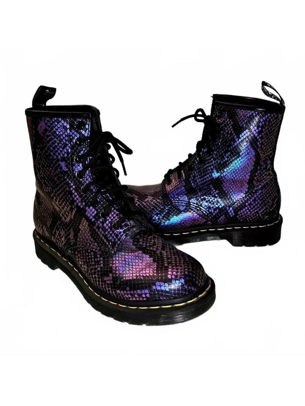 Dr. Martens Women's Combat Boots Purple Snake Print Faux Leather Size 9